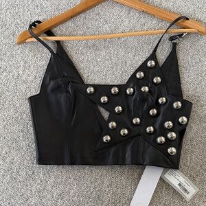 AREA Black Leather Crop Top with Metallic Star